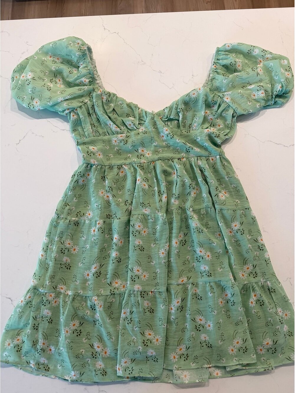 Princess Polly Floral Puff Sleeve Mini Dress Green White Daisy Cutout Bust US 6